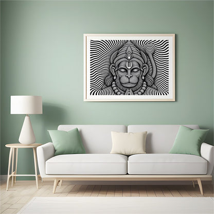 This striking artwork features a mesmerizing depiction of Lord Hanuman in intricate black and white for Hall