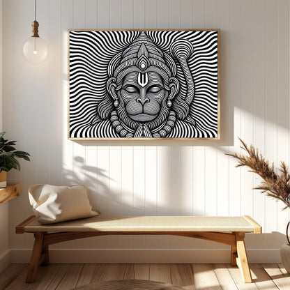 This striking artwork features a mesmerizing depiction of Lord Hanuman in intricate black and white for Hallway