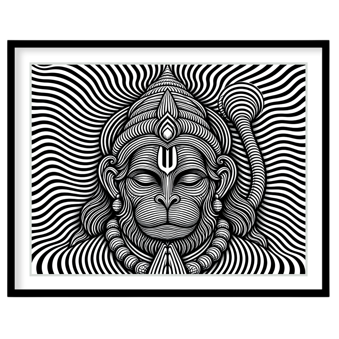 This striking artwork features a mesmerizing depiction of Lord Hanuman in intricate black and white for sanctuary