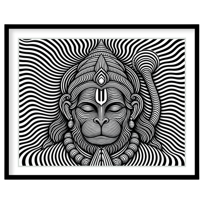 This striking artwork features a mesmerizing depiction of Lord Hanuman in intricate black and white for sanctuary