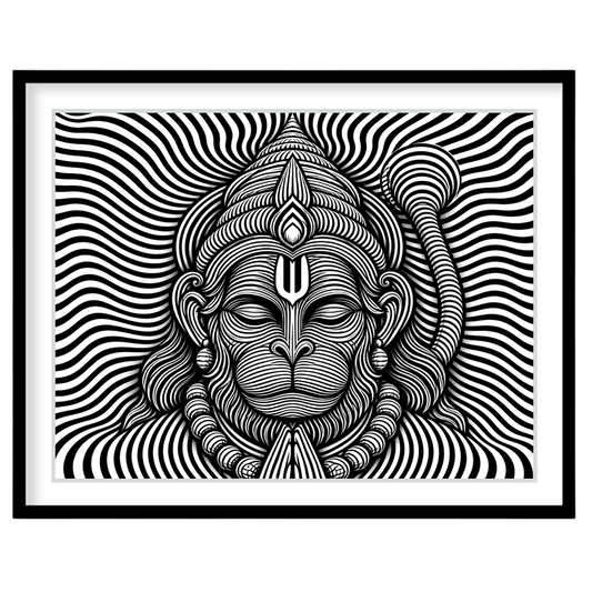This striking artwork features a mesmerizing depiction of Lord Hanuman in intricate black and white for sanctuary