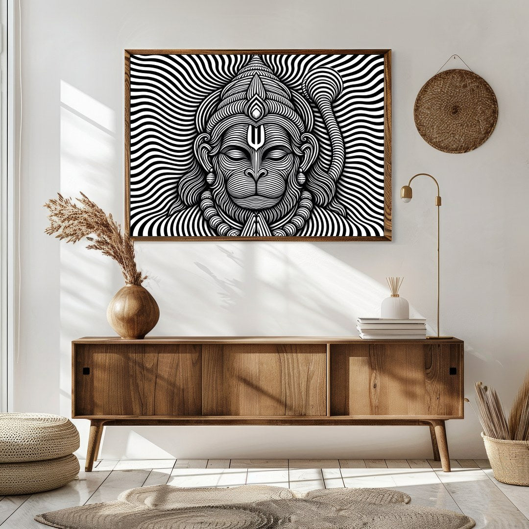This striking artwork features a mesmerizing depiction of Lord Hanuman in intricate black and white for Sitting Area