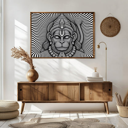 This striking artwork features a mesmerizing depiction of Lord Hanuman in intricate black and white for Sitting Area