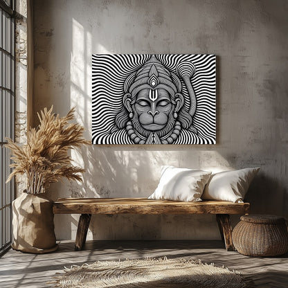 This striking artwork features a mesmerizing depiction of Lord Hanuman in intricate black and white for Veranda