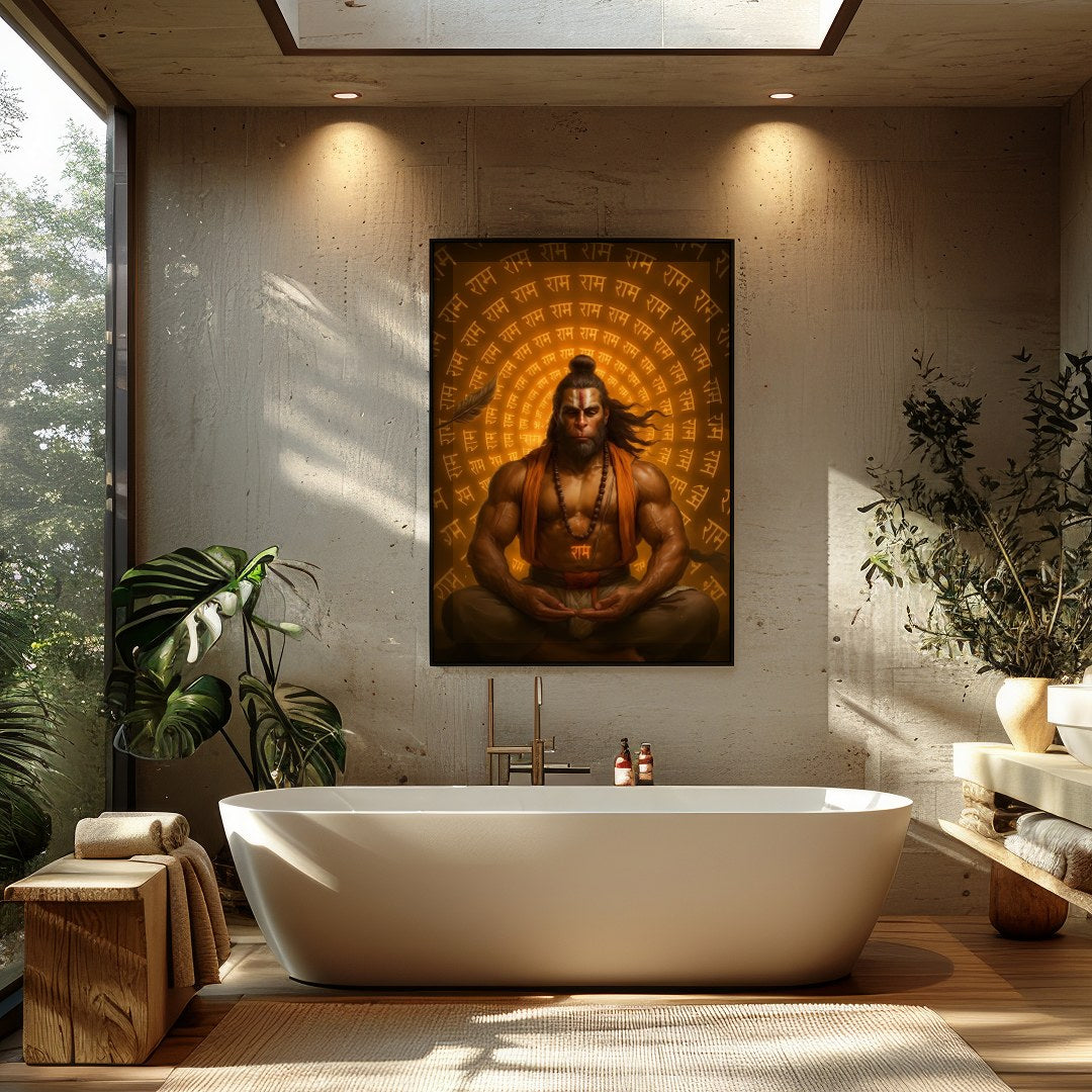 Dive into serenity with this captivating artwork depicting the divine warrior seated in deep for Bathroom