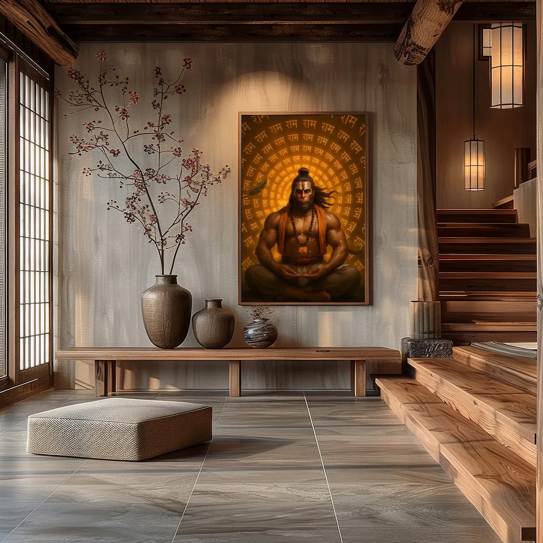 Dive into serenity with this captivating artwork depicting the divine warrior seated in deep for Hall