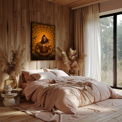 Dive into serenity with this captivating artwork depicting the divine warrior seated in deep for Bedroom