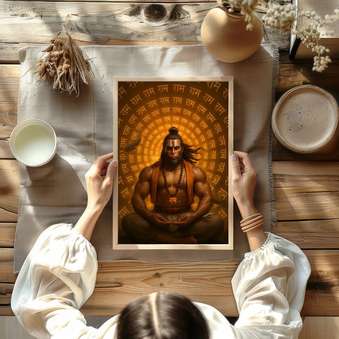 Dive into serenity with this captivating artwork depicting the divine warrior seated in deep for room