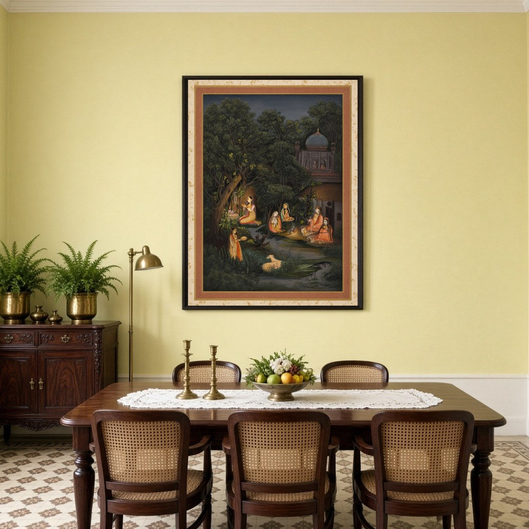 This exquisite Indian miniature art print captures the serene devotion of figures in a moonlit for Dining