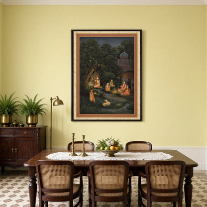 This exquisite Indian miniature art print captures the serene devotion of figures in a moonlit for Dining