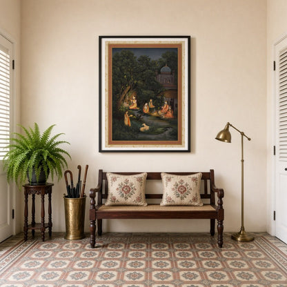 This exquisite Indian miniature art print captures the serene devotion of figures in a moonlit for Entrance