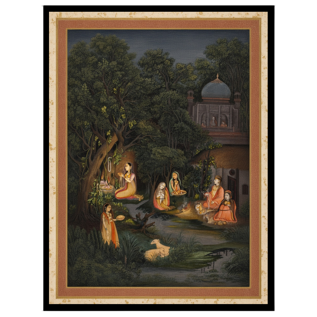 This exquisite Indian miniature art print captures the serene devotion of figures in a moonlit for haven