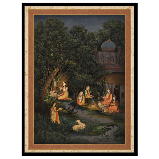 This exquisite Indian miniature art print captures the serene devotion of figures in a moonlit for haven