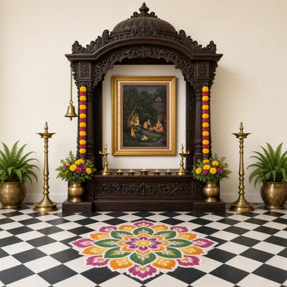 This exquisite Indian miniature art print captures the serene devotion of figures in a moonlit for Home Temple