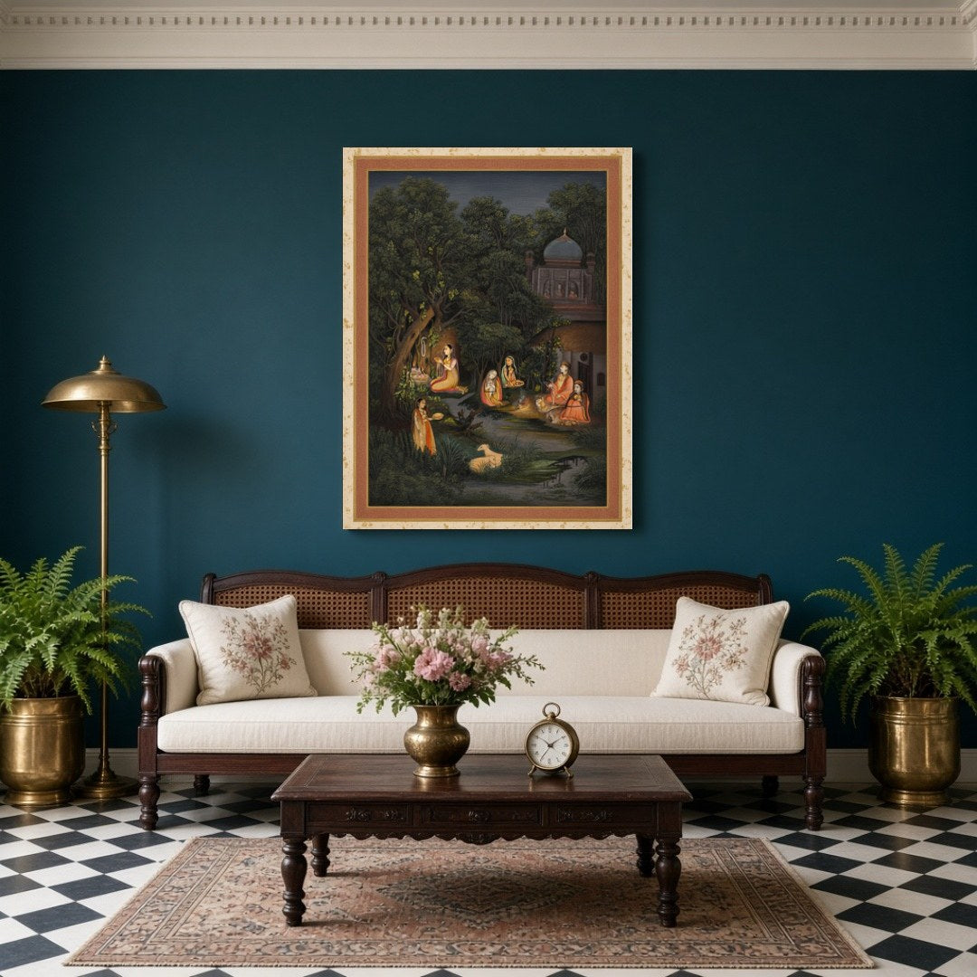 This exquisite Indian miniature art print captures the serene devotion of figures in a moonlit for Living Room