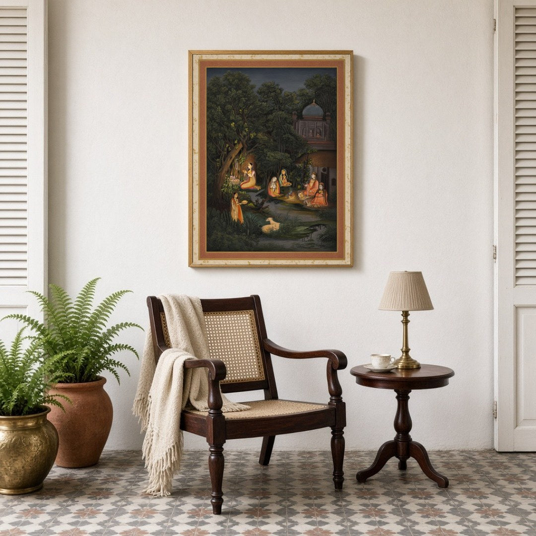 This exquisite Indian miniature art print captures the serene devotion of figures in a moonlit for Sitting Lounge