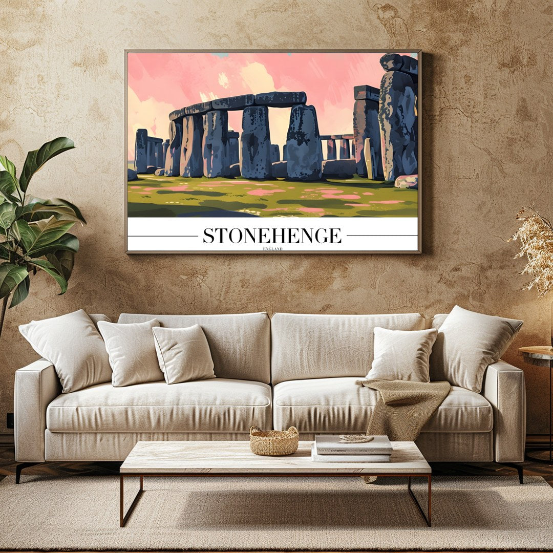 Capture the enigmatic allure of Stonehenge with this stunning artwork, featuring vivid pink and for Family Room