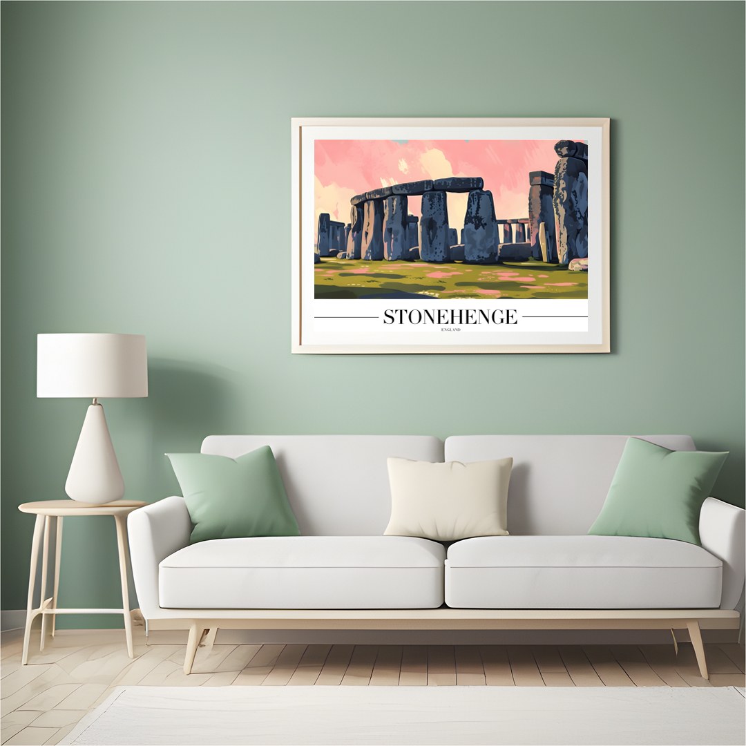Capture the enigmatic allure of Stonehenge with this stunning artwork, featuring vivid pink and for Hall