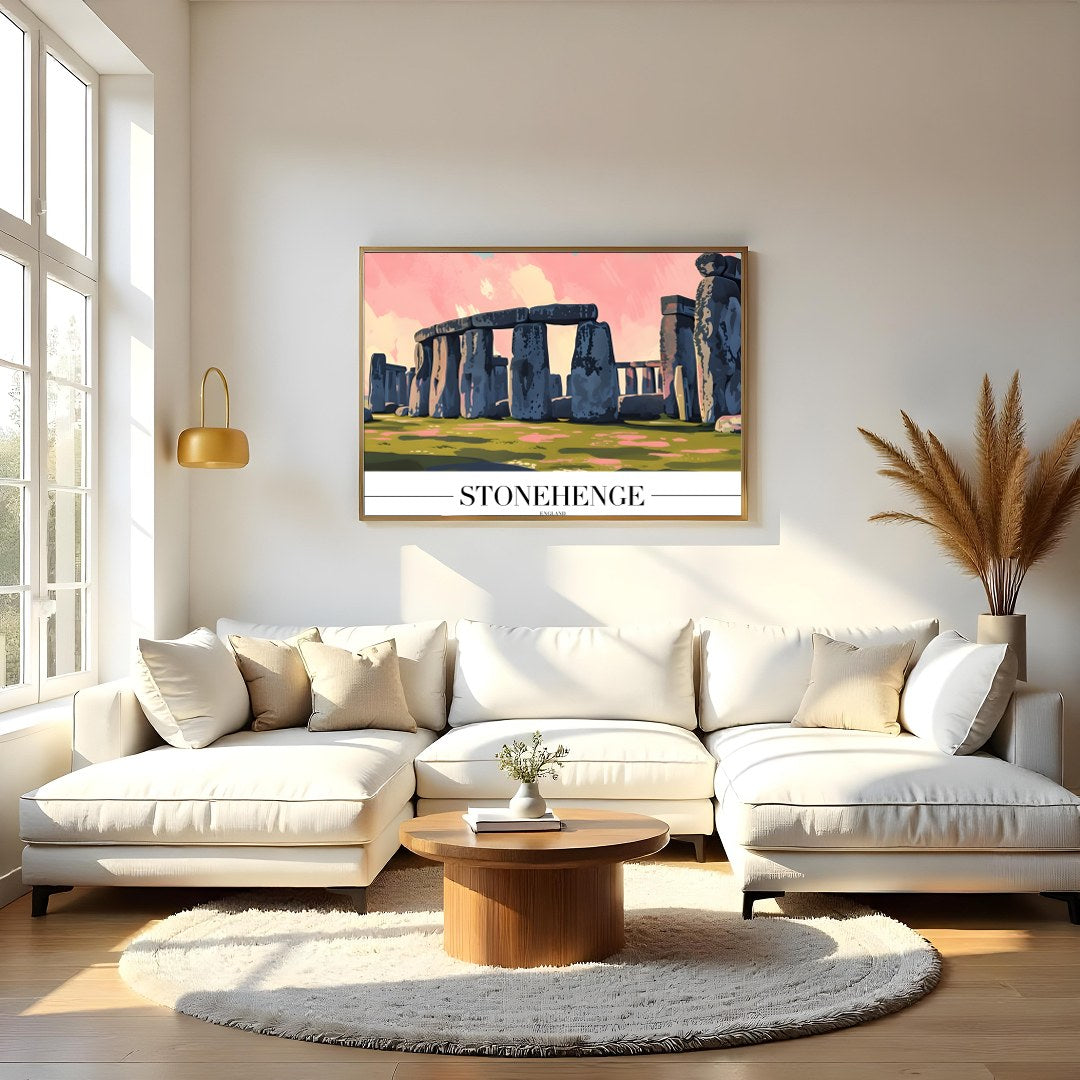 Capture the enigmatic allure of Stonehenge with this stunning artwork, featuring vivid pink and for Living Room