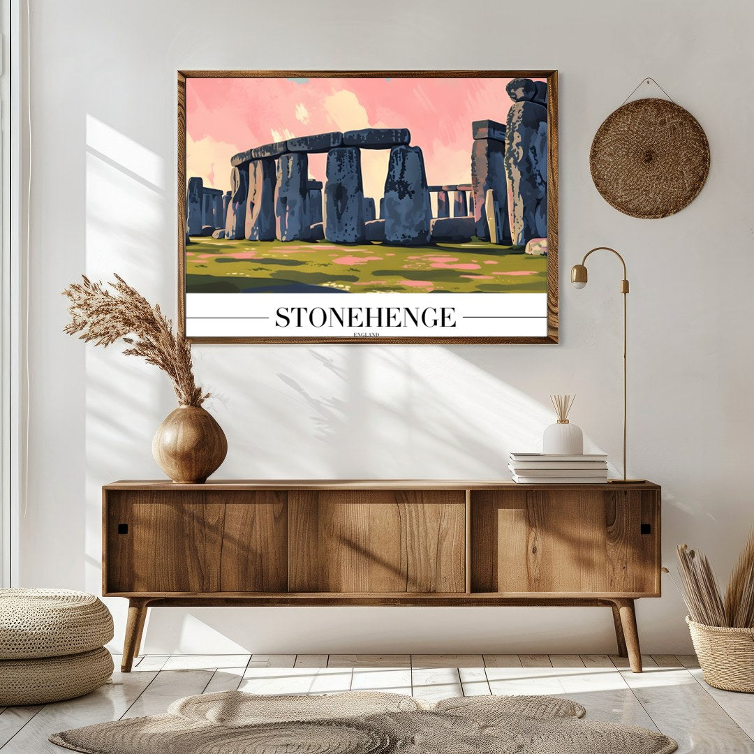 Capture the enigmatic allure of Stonehenge with this stunning artwork, featuring vivid pink and for Sitting Area