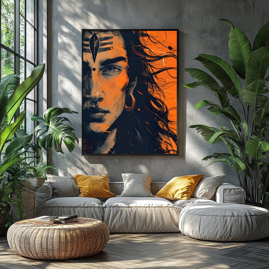 This captivating artwork captures the intense gaze of a mythical warrior, enveloped in an aura of for Balcony