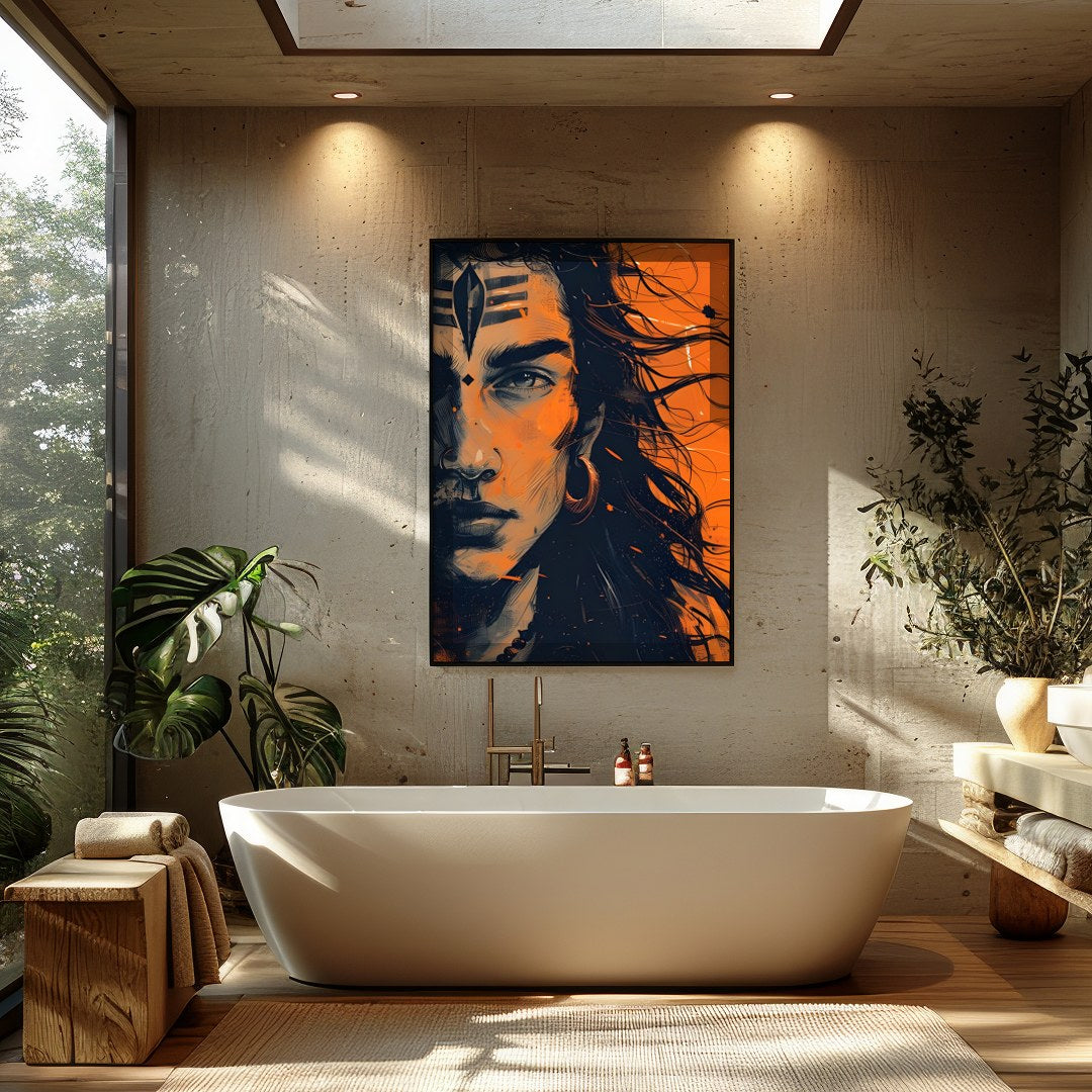 This captivating artwork captures the intense gaze of a mythical warrior, enveloped in an aura of for Bathroom