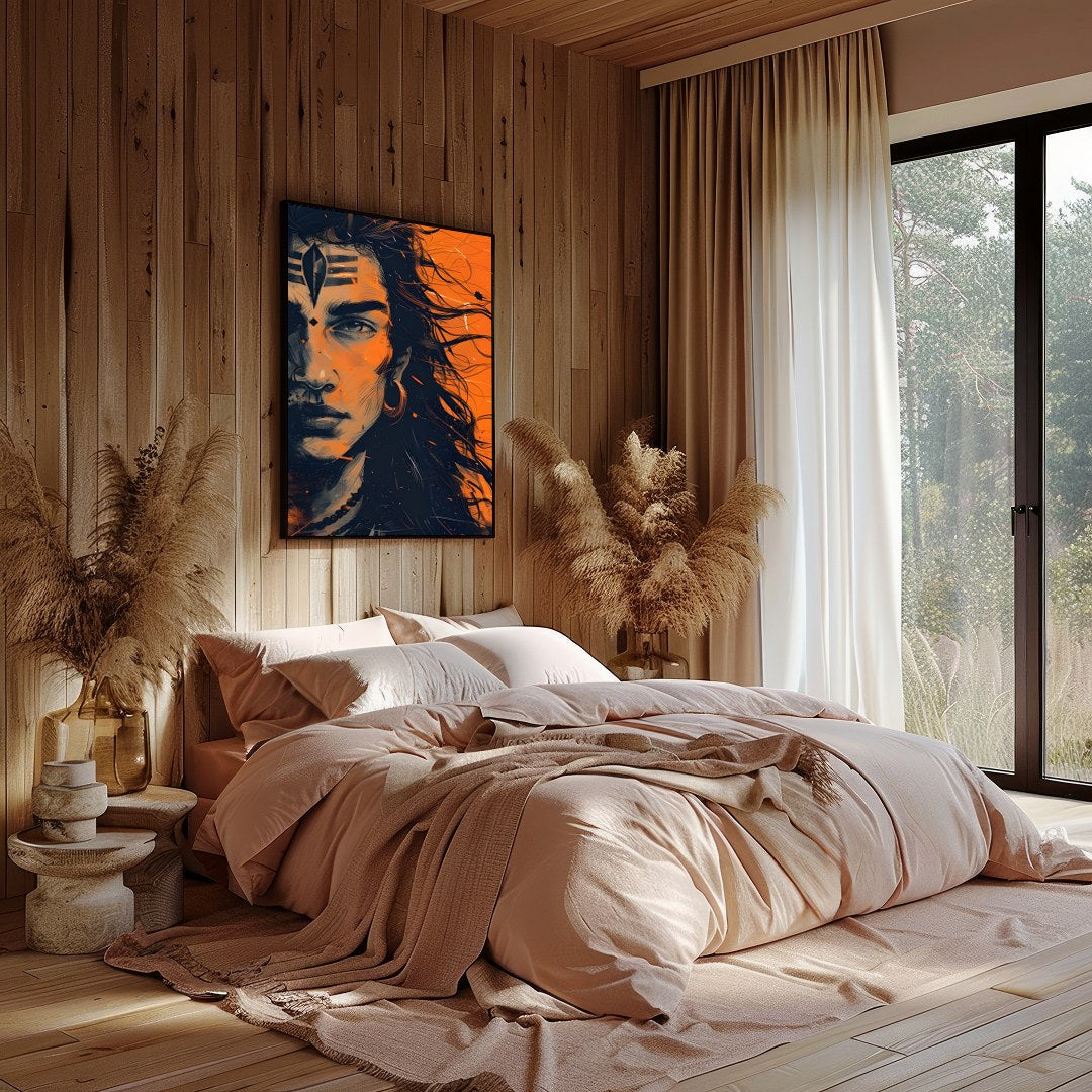 This captivating artwork captures the intense gaze of a mythical warrior, enveloped in an aura of for Bedroom