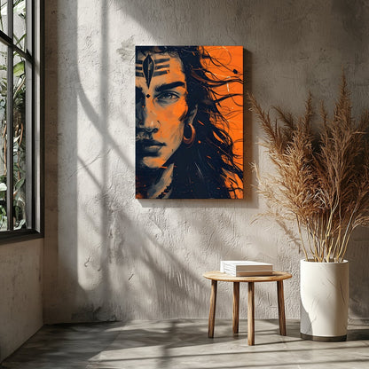 This captivating artwork captures the intense gaze of a mythical warrior, enveloped in an aura of for Entrance