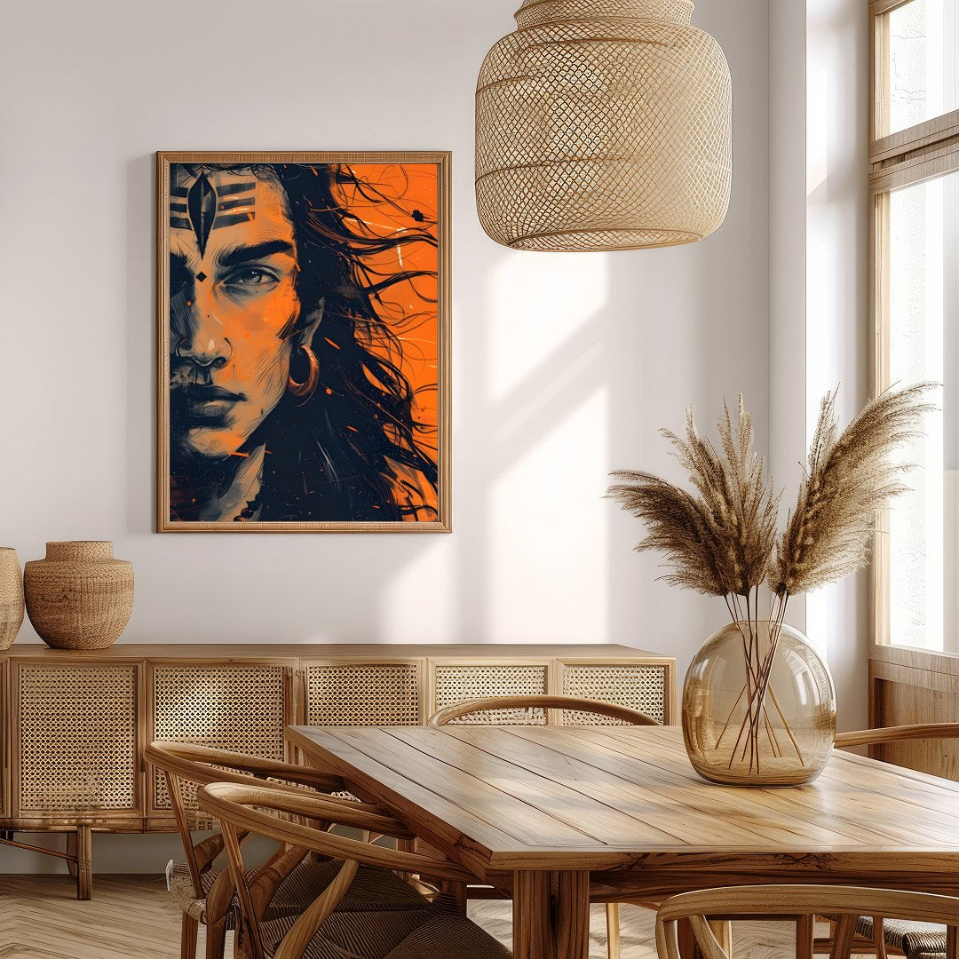 This captivating artwork captures the intense gaze of a mythical warrior, enveloped in an aura of for Extra Kitchen