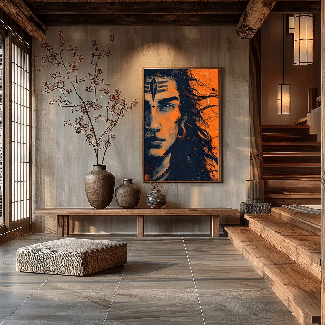 This captivating artwork captures the intense gaze of a mythical warrior, enveloped in an aura of for Hall