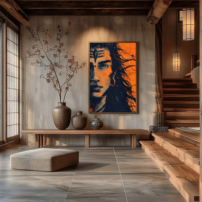 This captivating artwork captures the intense gaze of a mythical warrior, enveloped in an aura of for Hall