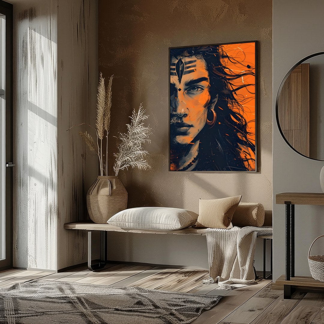 This captivating artwork captures the intense gaze of a mythical warrior, enveloped in an aura of for house