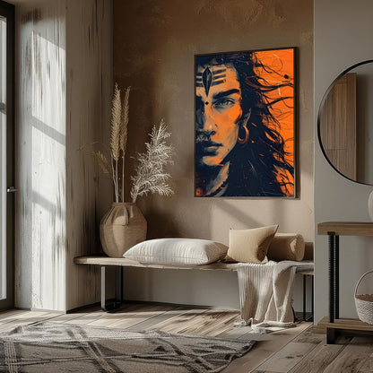 This captivating artwork captures the intense gaze of a mythical warrior, enveloped in an aura of for house