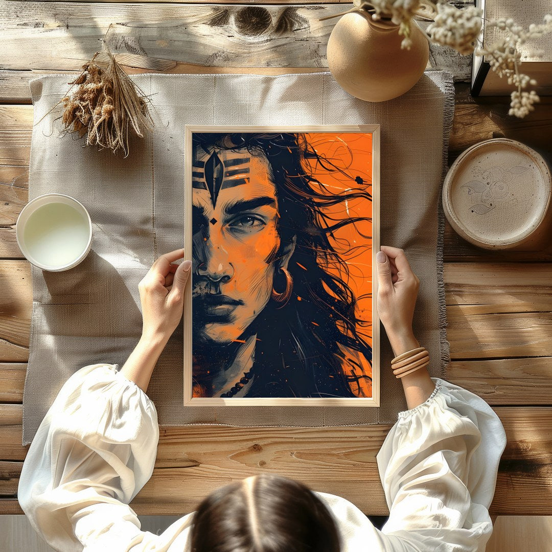This captivating artwork captures the intense gaze of a mythical warrior, enveloped in an aura of for Kitchen