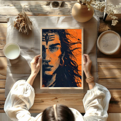 This captivating artwork captures the intense gaze of a mythical warrior, enveloped in an aura of for Kitchen