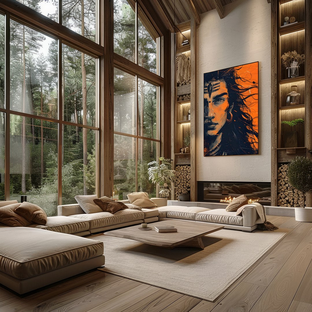 This captivating artwork captures the intense gaze of a mythical warrior, enveloped in an aura of for Living Room