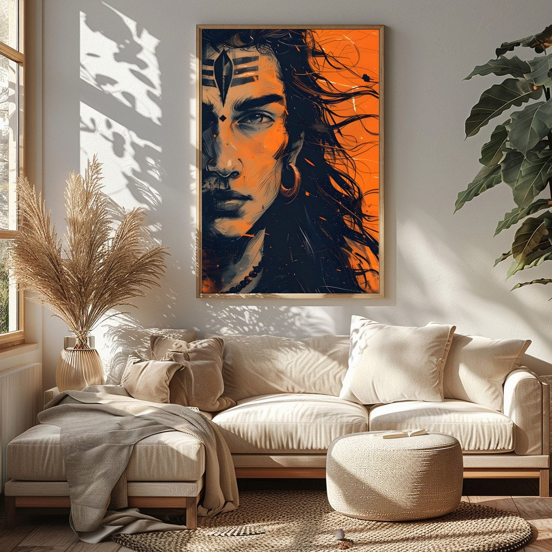 This captivating artwork captures the intense gaze of a mythical warrior, enveloped in an aura of for Sitting Area