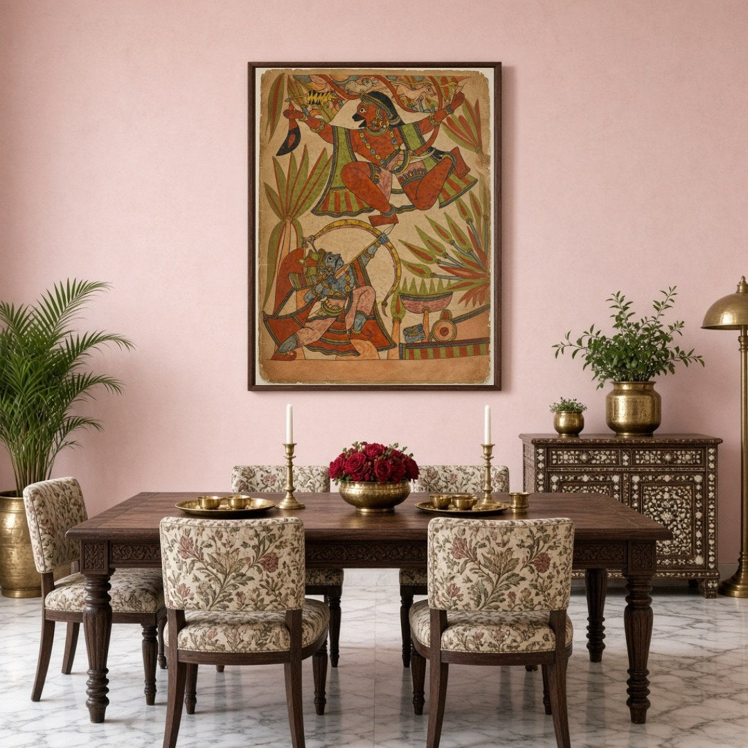 Immerse yourself in the dynamic world of Indian mythology with this captivating Phad artwork, for Dining