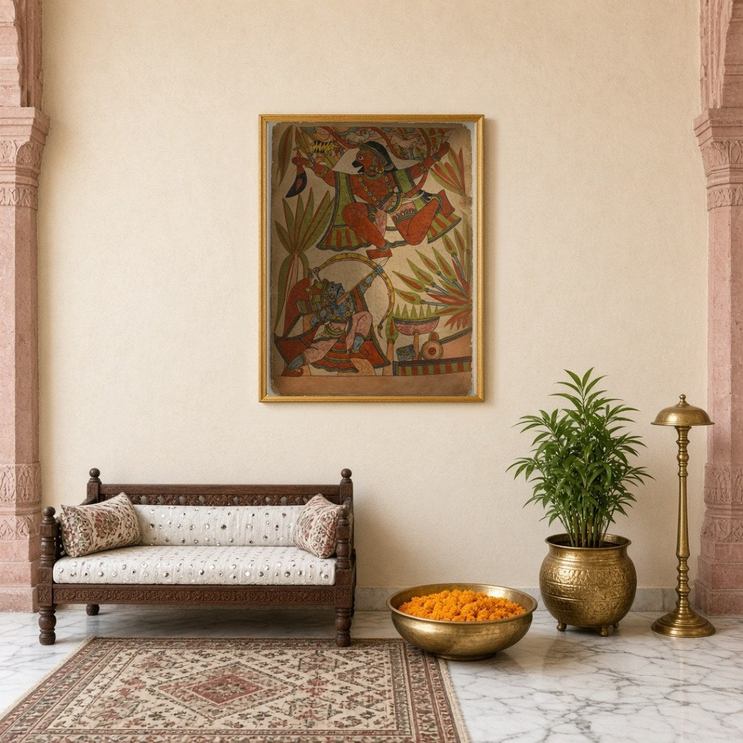 Immerse yourself in the dynamic world of Indian mythology with this captivating Phad artwork, for Entrance