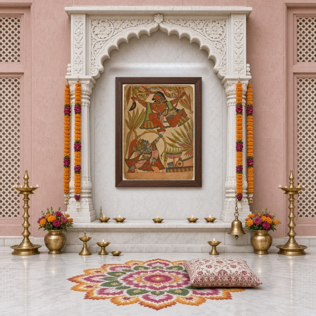 Immerse yourself in the dynamic world of Indian mythology with this captivating Phad artwork, for Home Temple