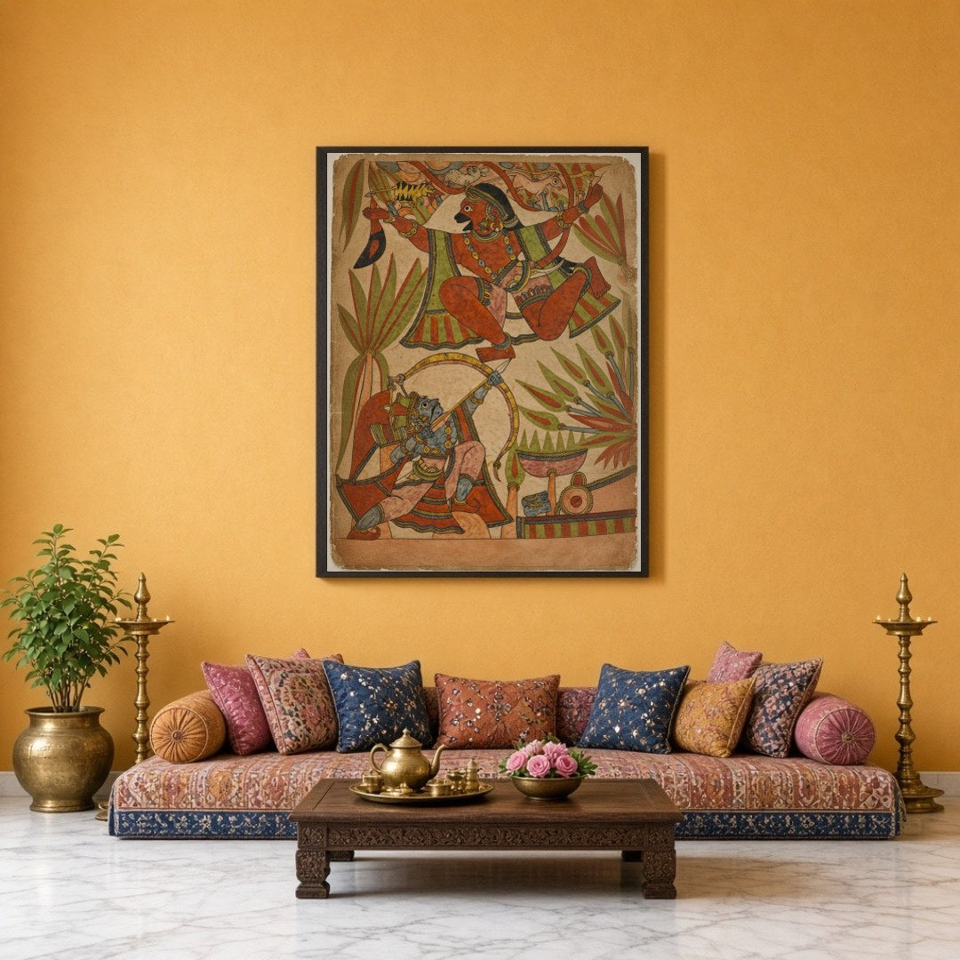Immerse yourself in the dynamic world of Indian mythology with this captivating Phad artwork, for Sitting Lounge