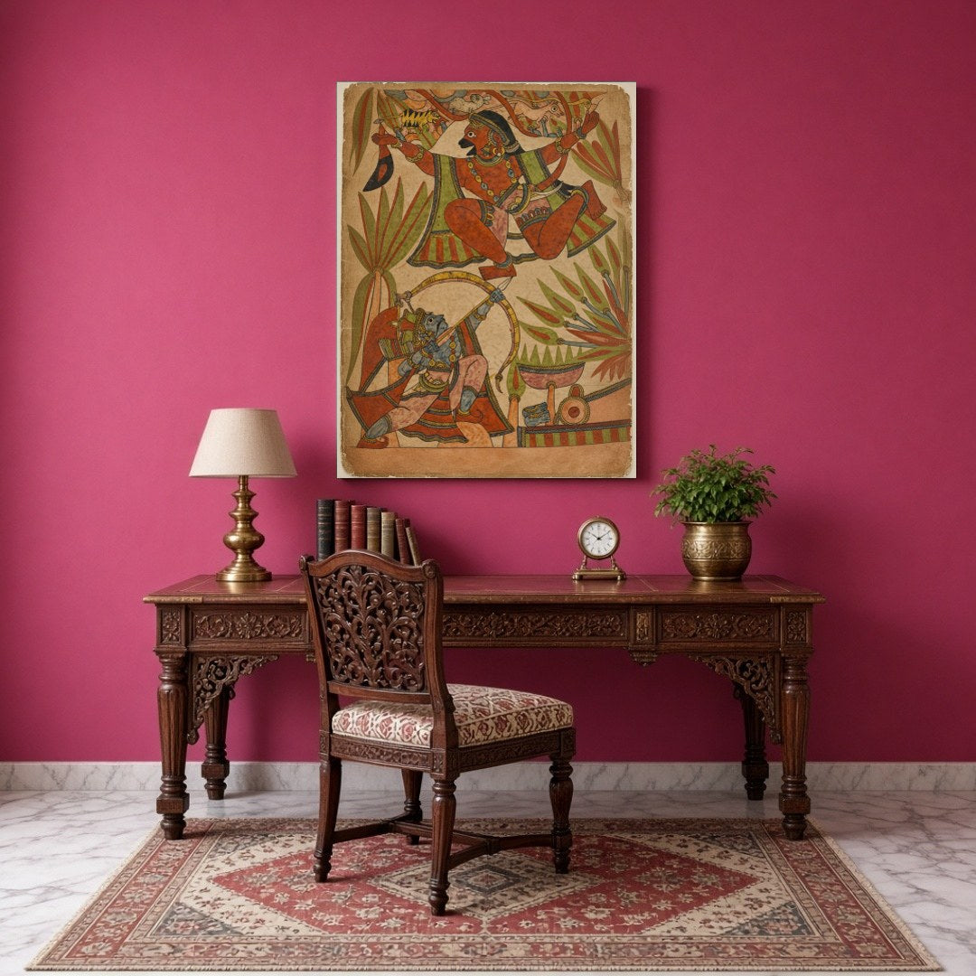 Immerse yourself in the dynamic world of Indian mythology with this captivating Phad artwork, for Study