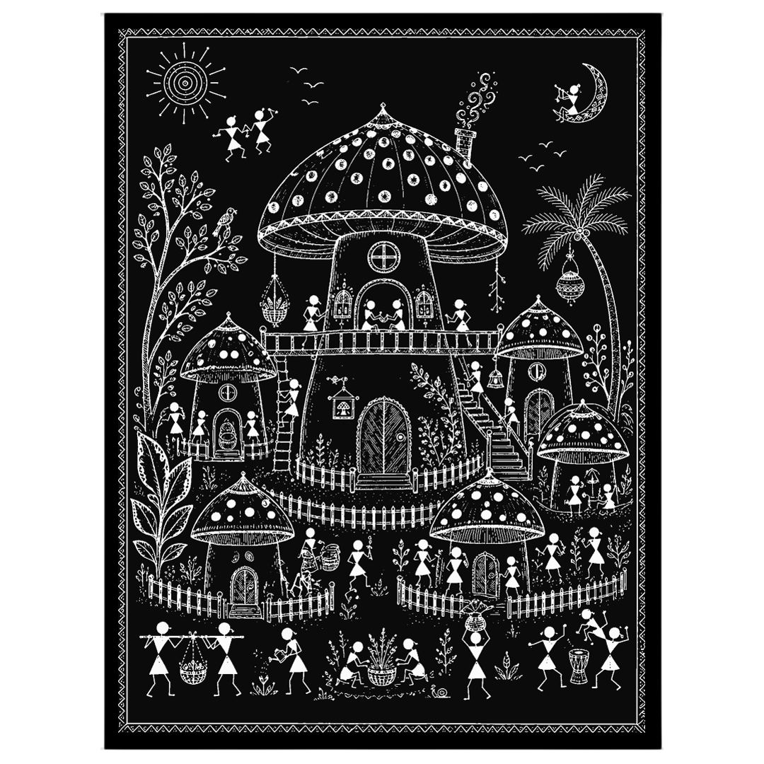 Discover the enchanting world of traditional village life through the lens of Warli Art's intricate for decor