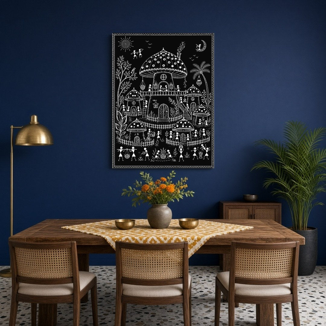 Discover the enchanting world of traditional village life through the lens of Warli Art's intricate for Dining