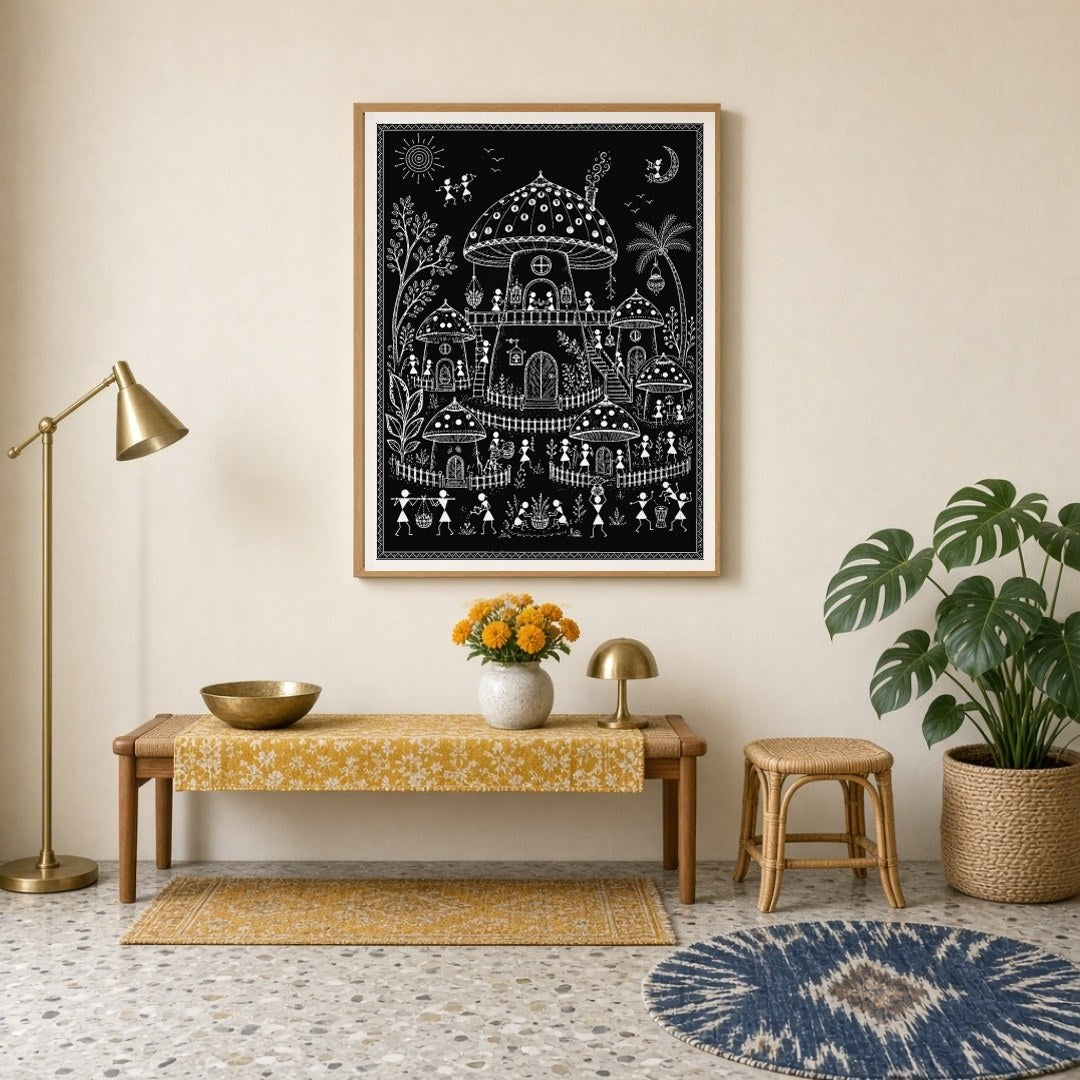 Discover the enchanting world of traditional village life through the lens of Warli Art's intricate for Entrance