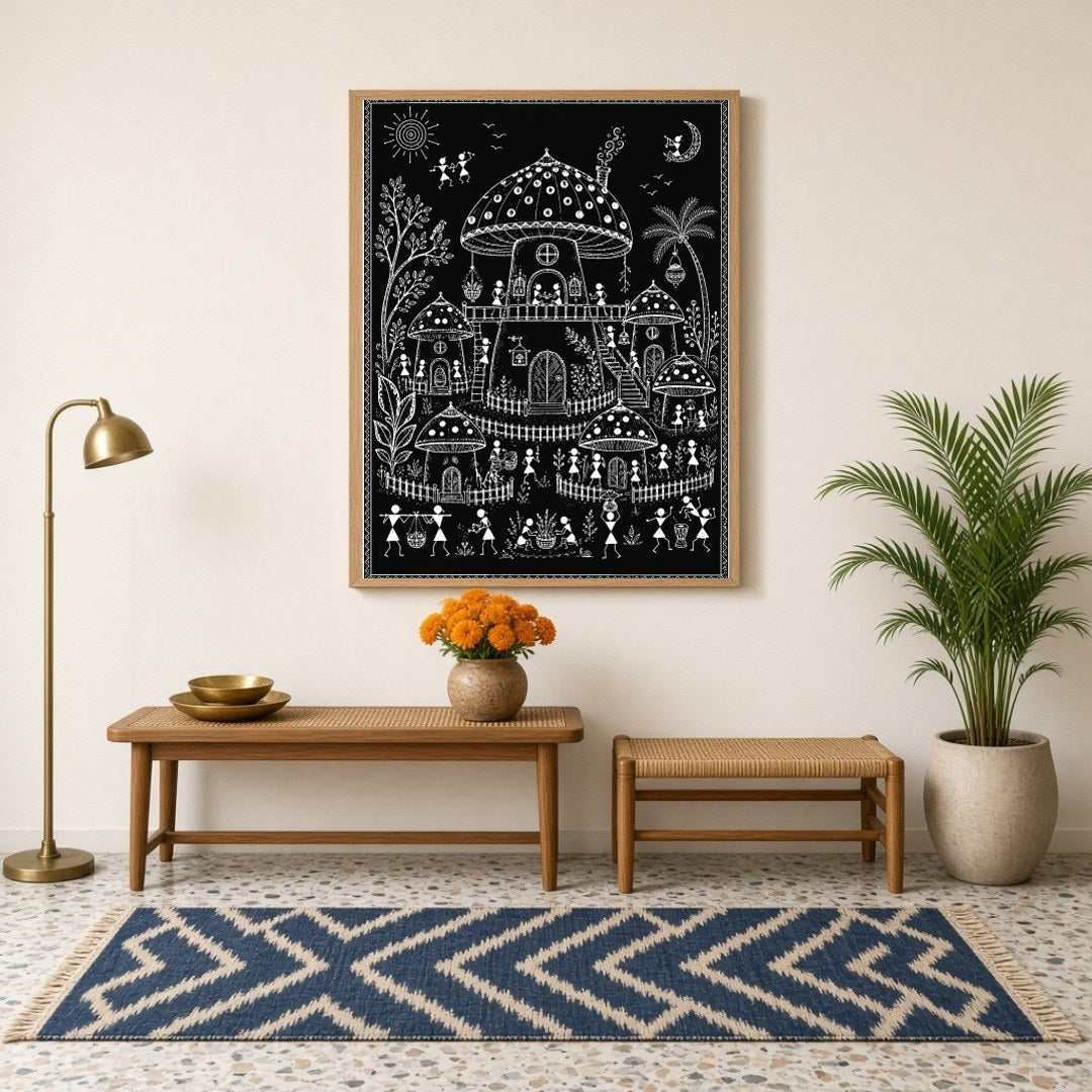 Discover the enchanting world of traditional village life through the lens of Warli Art's intricate for Hallway
