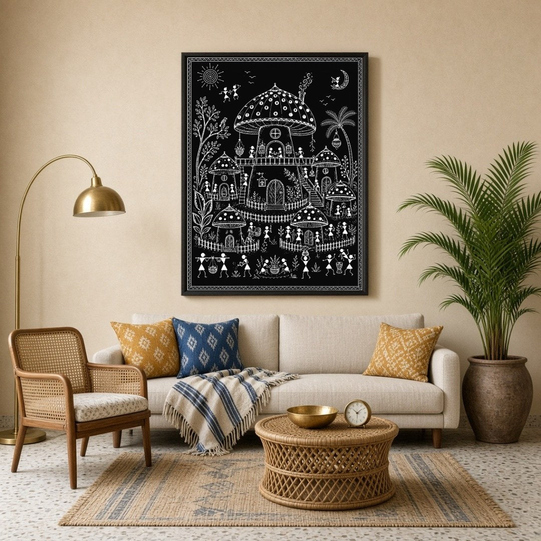 Discover the enchanting world of traditional village life through the lens of Warli Art's intricate for Living Room