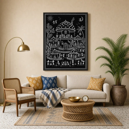 Discover the enchanting world of traditional village life through the lens of Warli Art's intricate for Living Room