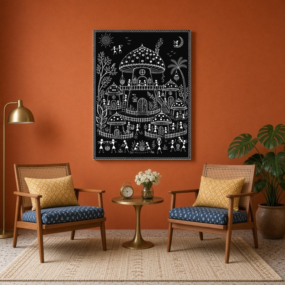 Discover the enchanting world of traditional village life through the lens of Warli Art's intricate for Sitting Area