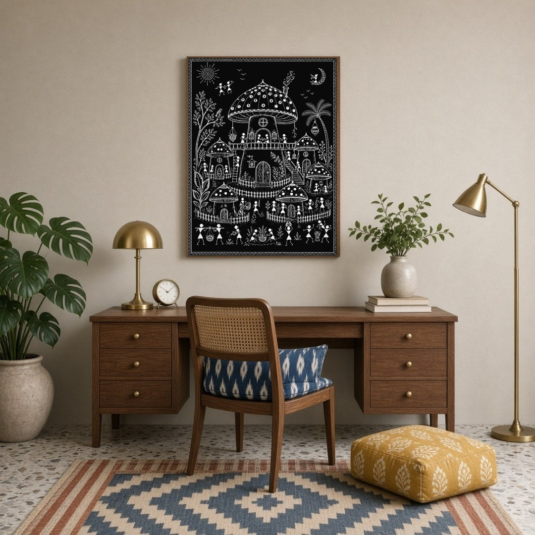 Discover the enchanting world of traditional village life through the lens of Warli Art's intricate for Study